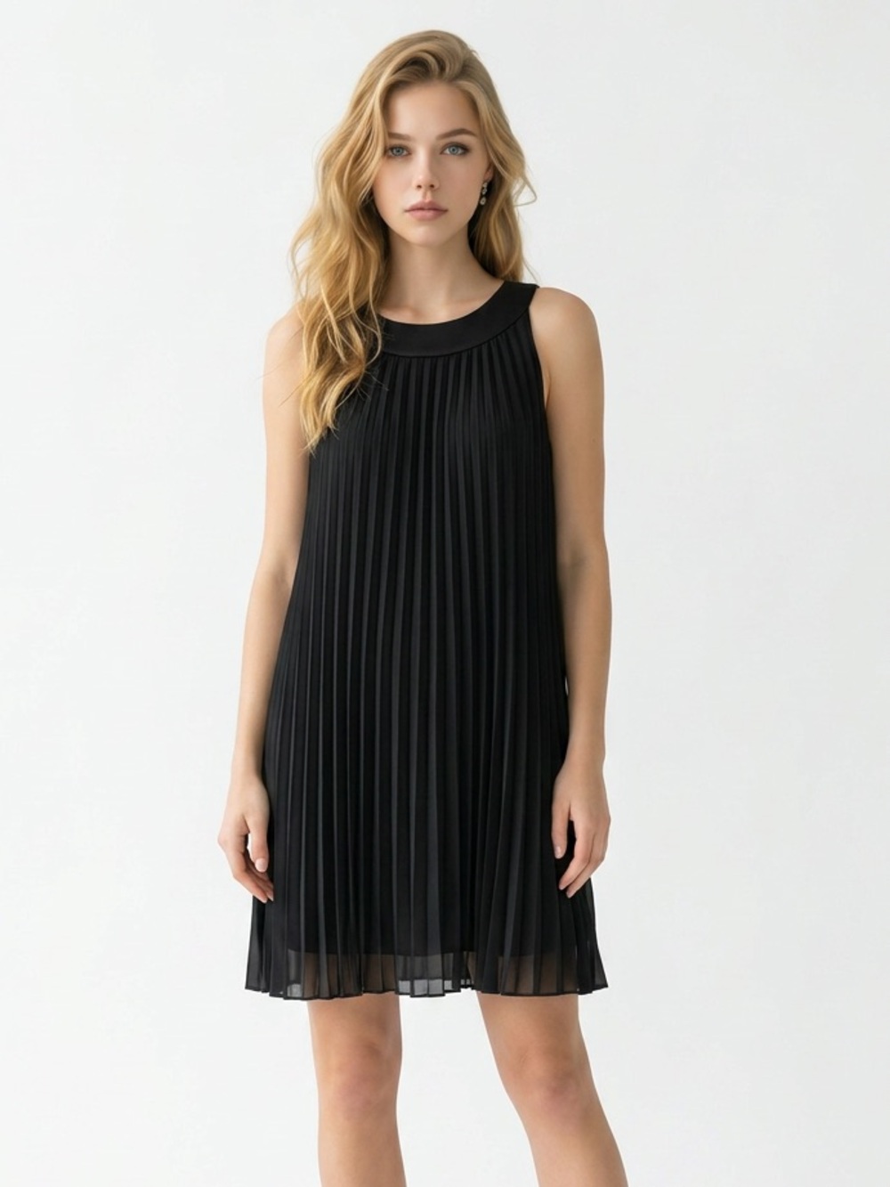 Essentials by Milano pleated dress. A line swing dress key home neckline. Size 6